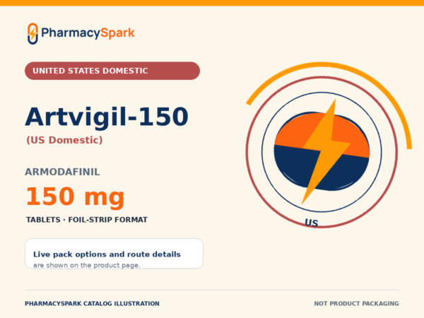 Artvigil-150 (US Domestic) PharmacySpark catalog illustration PharmacySpark catalog illustration for Artvigil-150 (US Domestic), armodafinil 150 mg, United States domestic