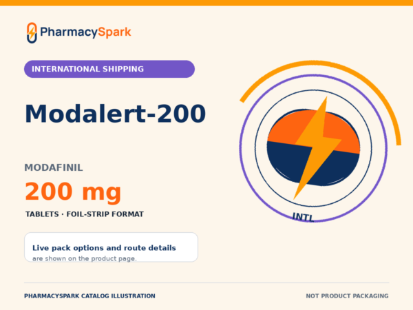 Modalert-200 PharmacySpark catalog illustration PharmacySpark catalog illustration for Modalert-200, modafinil 200 mg, International shipping