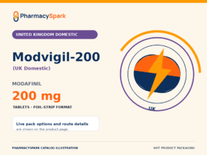 PharmacySpark catalog illustration for Modvigil-200 (UK Domestic), modafinil 200 mg, United Kingdom domestic