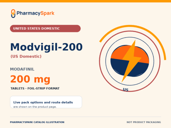 Modvigil-200 (US Domestic) PharmacySpark catalog illustration PharmacySpark catalog illustration for Modvigil-200 (US Domestic), modafinil 200 mg, United States domestic