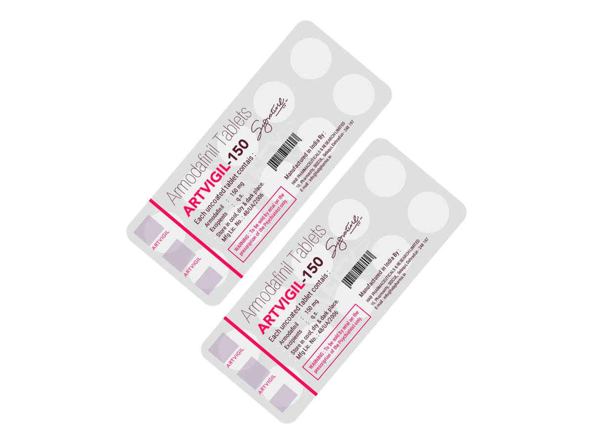 Artvigil-150 product photograph Photograph of Artvigil-150 150 mg armodafinil blister packs