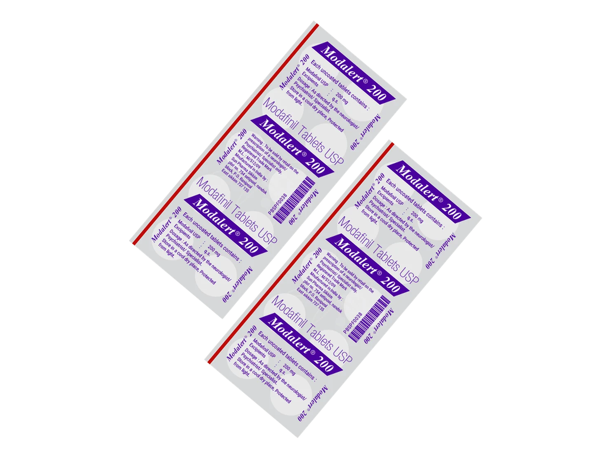 Modalert-200 product photograph Photograph of Modalert-200 200 mg modafinil blister packs