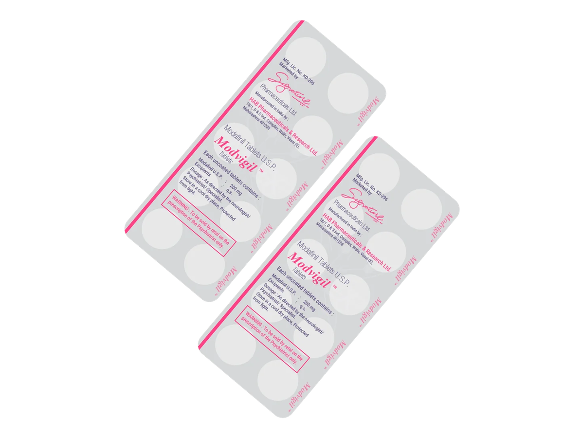 Modvigil-200 (US Domestic) product photograph Photograph of Modvigil-200 200 mg modafinil blister packs