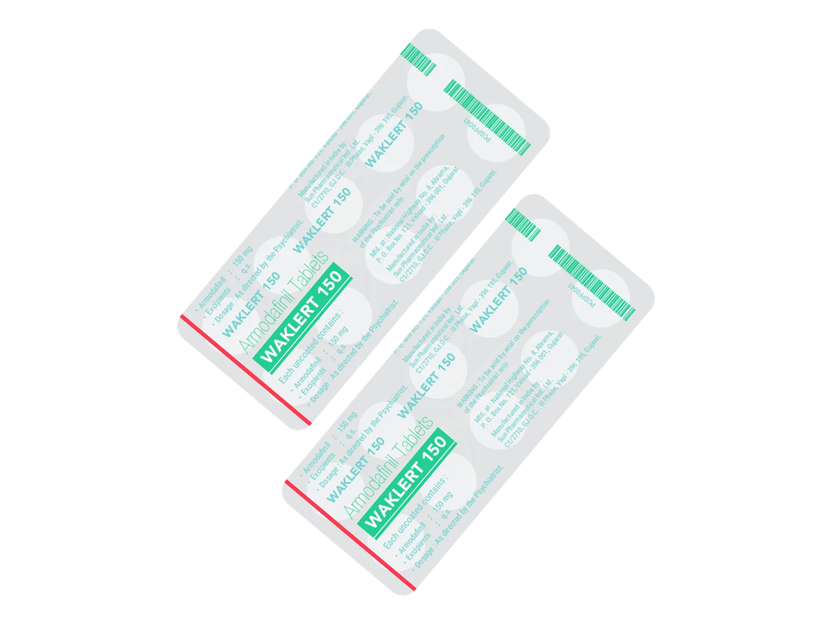 Waklert-150 product photograph Photograph of Waklert-150 150 mg armodafinil blister packs